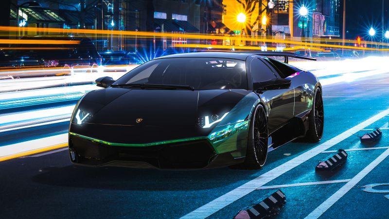 Lamborghini Murcielago, Custom tuning, City lights, Light trails, Wallpaper