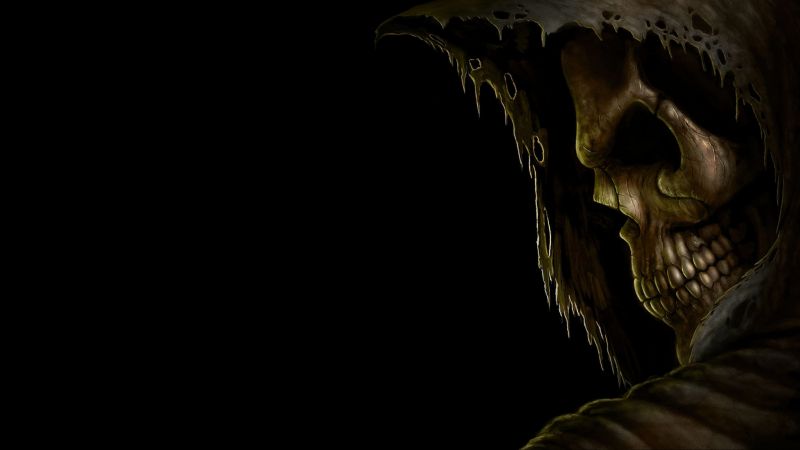 Grim Reaper, AMOLED, 5K, Skull, Spooky, Black background, Wallpaper