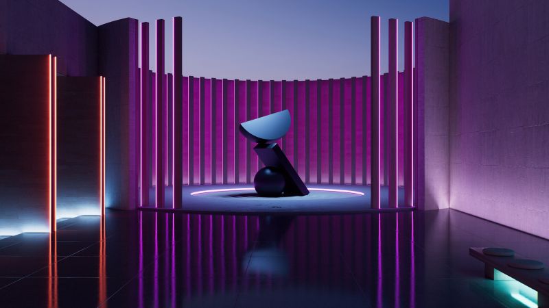 Sculpture, Modern architecture, Purple aesthetic, Surreal, 5K, Wallpaper