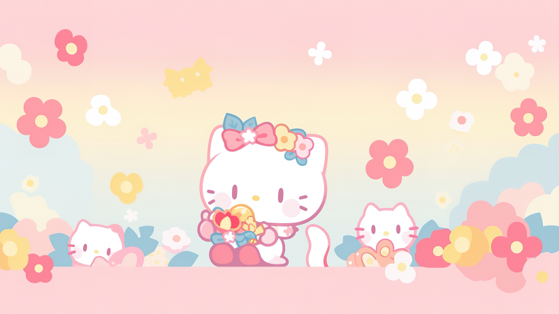 Cute hello kitties, Floral Background, Wallpaper