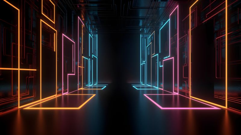 Neon, Aesthetic, Corridor, 5K, Modern lighting, Wallpaper