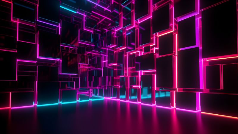 Neon background, Cubes, Modern, Glowing, 5K, Wallpaper