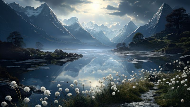 Alpine lake, Moonlight, Scenery, Surreal, Serene, Peaceful, Valley, AI art, 5K, 8K, Wallpaper