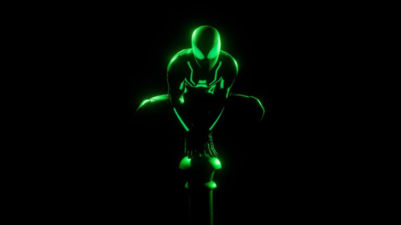 Spider-Man, Glow in dark, Neon Green, AMOLED, 5K, Black background