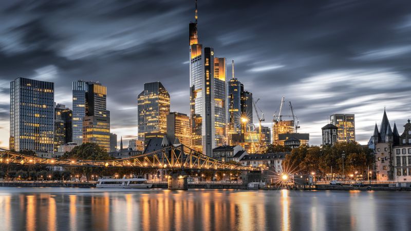 Frankfurt, Night City, Germany, City Skyline, Illumination, Iron Footbridge, Reflection, 5K, Wallpaper