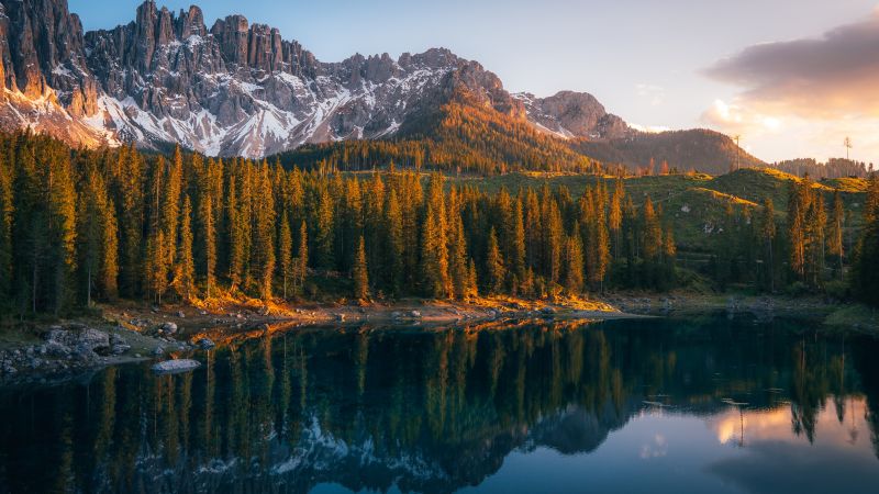 Karersee Lake, Serene, Lago di Carezza, Alpine lake, Italy, Dolomites, 5K, Wallpaper