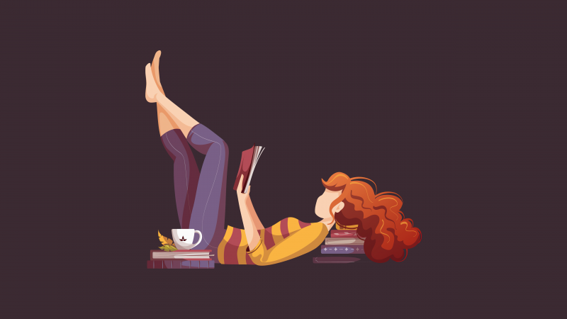 Teen girl, Reading book, Illustration, Relaxing, Dark background, 5K, Study, Wallpaper