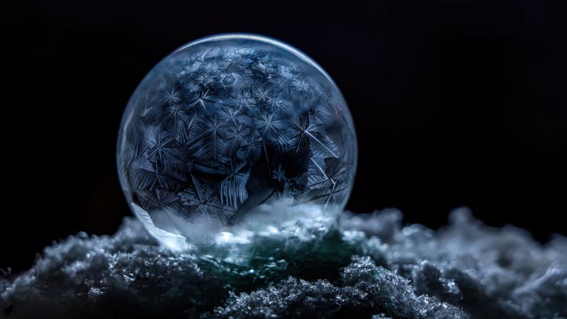 Frozen bubble, Dark aesthetic, Soap Bubble, Crystal, Winter snow, Frosty, Macro, Wallpaper