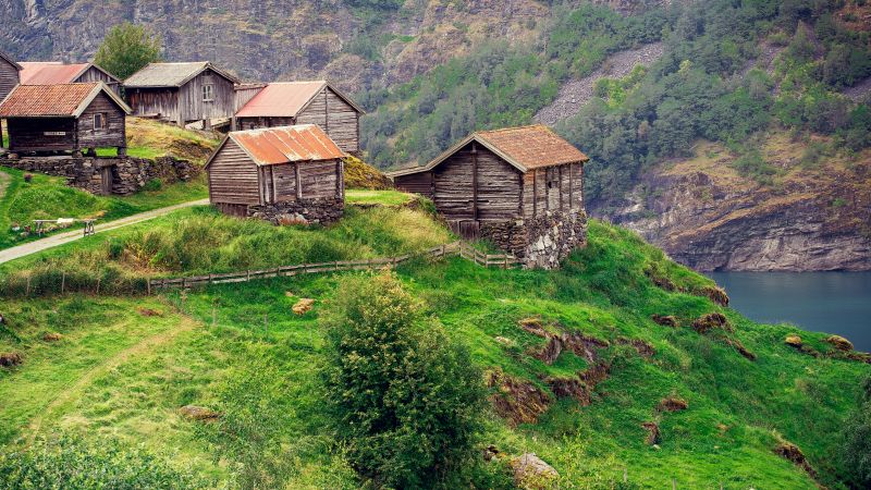 Hilltop, Wooden House, Norway, Rural, Landscape, Wallpaper