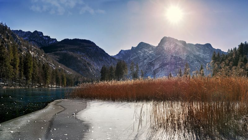 Sunny day, Mountains, Landscape, Tranquility, Sunlight, Lake, Wallpaper