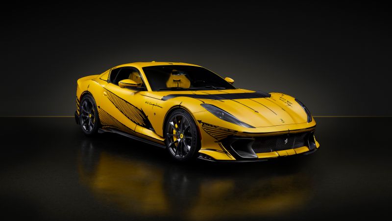 Ferrari 812 Competizione, 2023, 5K, Dark background, Yellow cars, Wallpaper