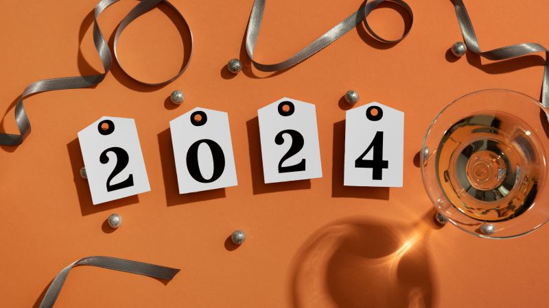 2024 New year, Party night, New Year celebrations, Orange background, 5K, Wallpaper
