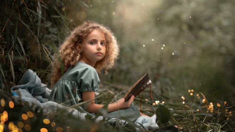 Cute Girl, Reading book, Portrait, 5K, Magical forest, Pretty, Study, Wallpaper
