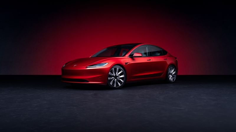 Tesla Model 3, Electric Sedan, 2023, Electric cars, Red aesthetic, Wallpaper