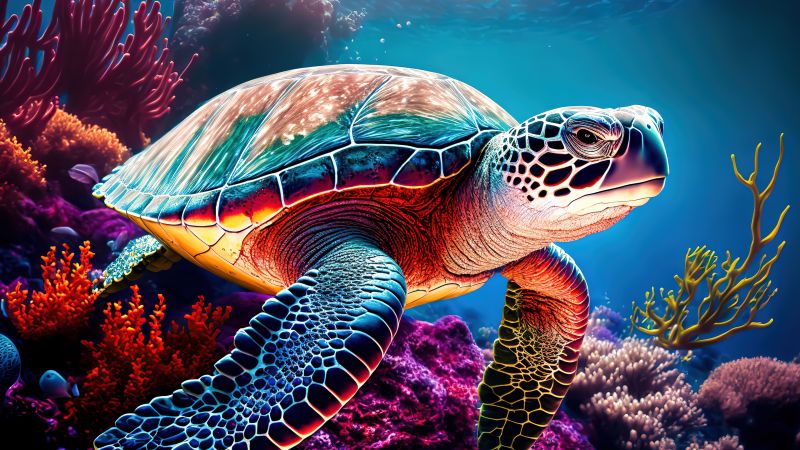 Sea Turtle, AI art, Coral reef, Colorful, Vibrant, Underwater, Wallpaper