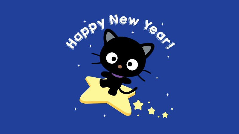 Chococat, Happy New Year, Blue background, Cute cartoon, 5K, Wallpaper