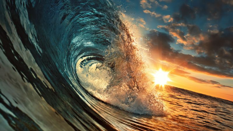 Ocean Waves, Sunset, Hawaii, Tropical, Wallpaper