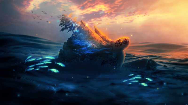 Sea Turtle, Surreal, Underwater, Ocean, Aqua, Wallpaper