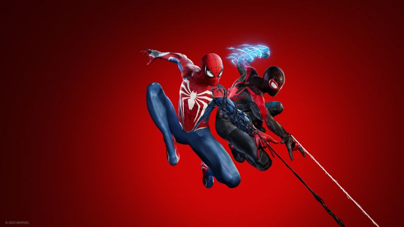 Marvel's Spider-Man 2, Game Art, Cover Art, Red background, Spiderman