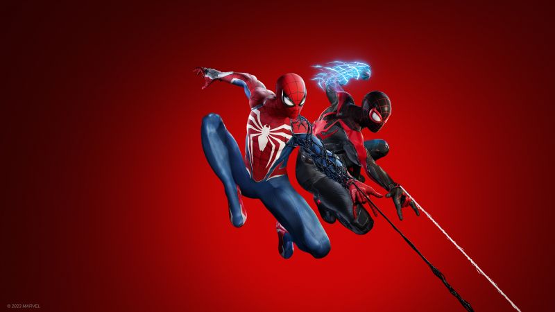 Marvel's Spider-Man 2, Game Art, Cover Art, Red background, Spiderman, Wallpaper