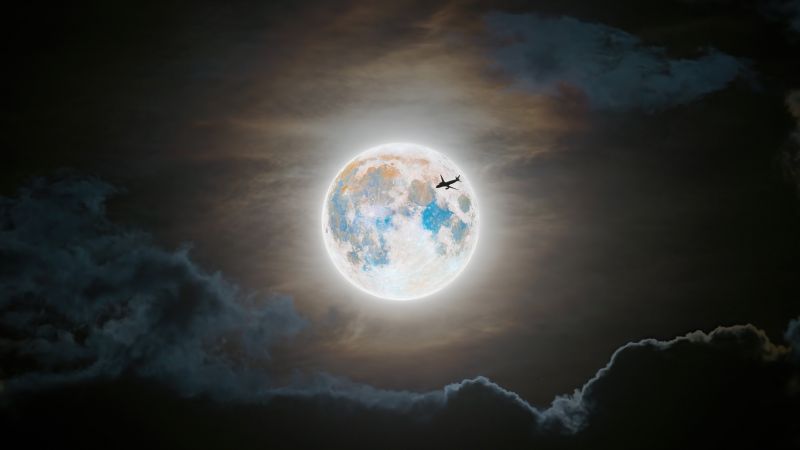 Full moon, Flight, Silhouette, Clouds, Wallpaper