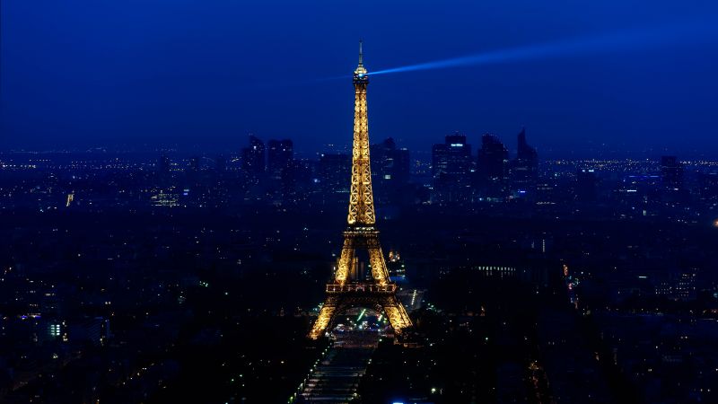 Eiffel Tower, 5K, Night, Cityscape, Lighting, Blue Sky, Paris, France, Wallpaper