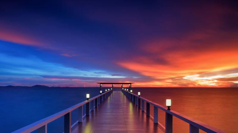 Wooden pier, Bridge, Sunset, Horizon, Resort, Dawn, Vacation, Holidays, Phuket, Thailand, 5K, Wallpaper