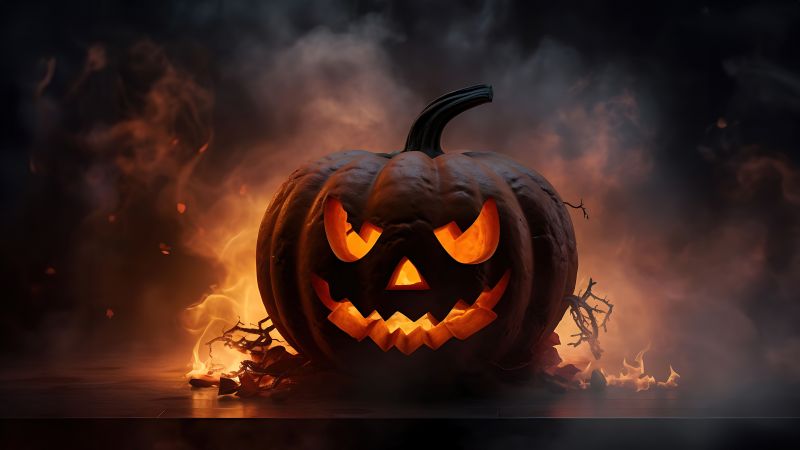 Halloween pumpkin, Fire, AI art, Scary, 5K, Jack-o'-lantern, Wallpaper
