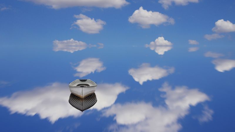 Blue sky, Reflection, Boat, White Clouds, Aesthetic, Serene, Wallpaper