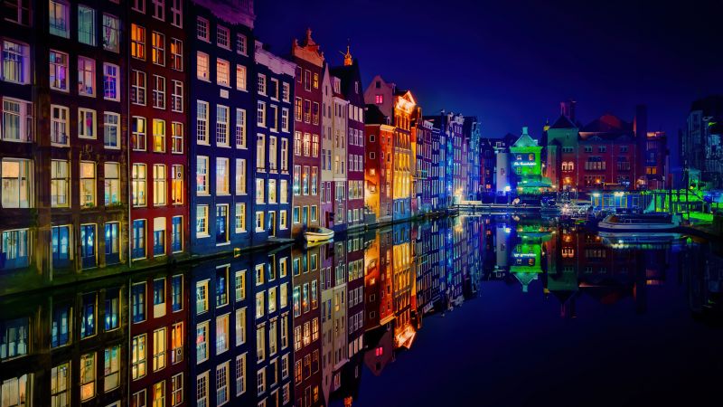 Amsterdam, Night, Colorful, Buildings, Reflection, Night City, 5K, Aesthetic, Night lights, Wallpaper