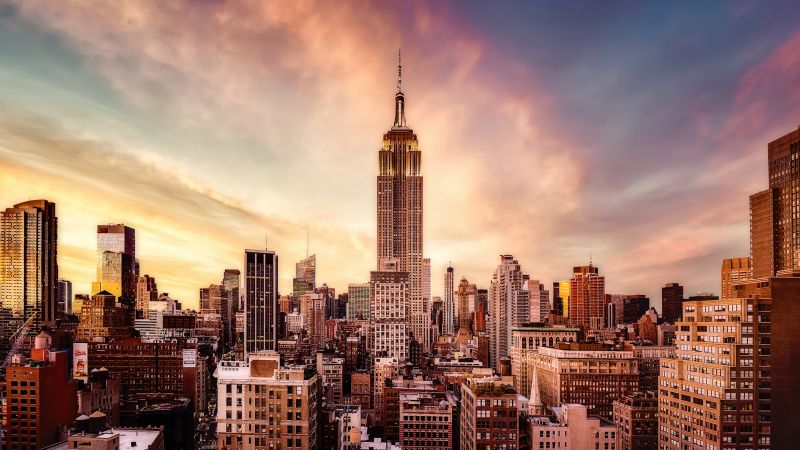 Empire State Building, Midtown Manhattan, Fifth Avenue, New York, Cityscape, Sunset, Aesthetic, Wallpaper