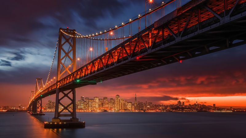 Golden Gate Bridge, Night City, San Francisco, Cityscape, California, Sunset, Aesthetic, Wallpaper