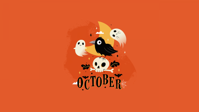 October, Halloween background, Orange background, Spooky, Cute ghost, 5K, Wallpaper
