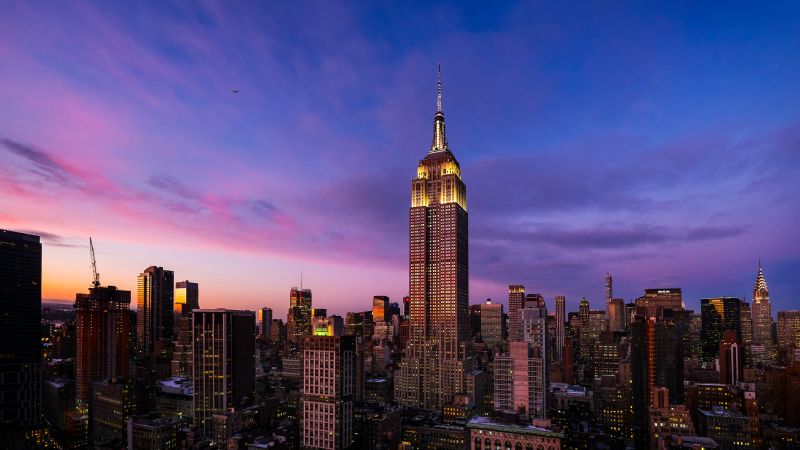 Empire State Building, Night, New York City, Twilight, Aesthetic, 5K, Cityscape, Skyscraper, Wallpaper