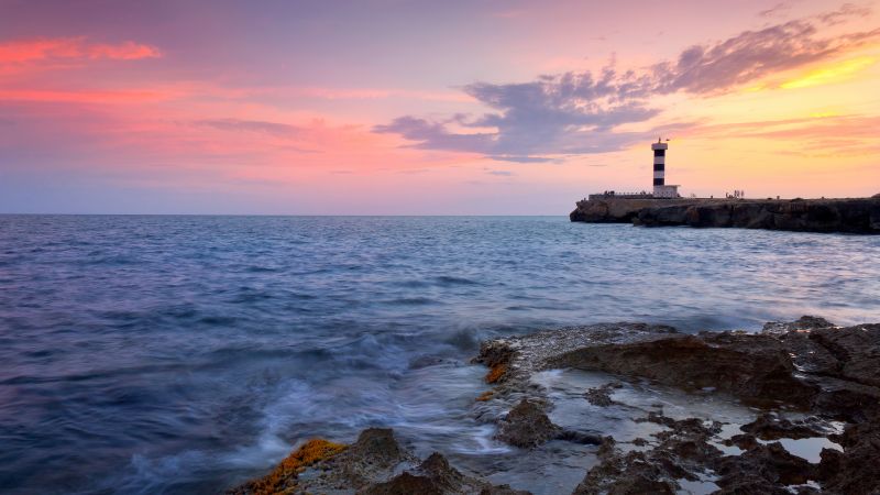 Colonia Sant Jodi, Sunset, Rocky shore, Lighthouse, Mallorca Island, Spain, Ocean, Wallpaper