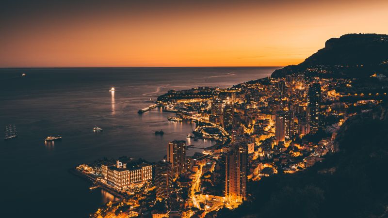 Monte Carlo, Sunset, Dawn, Cityscape, Harbor, City lights, Night, Dusk, Monaco, 5K, Wallpaper