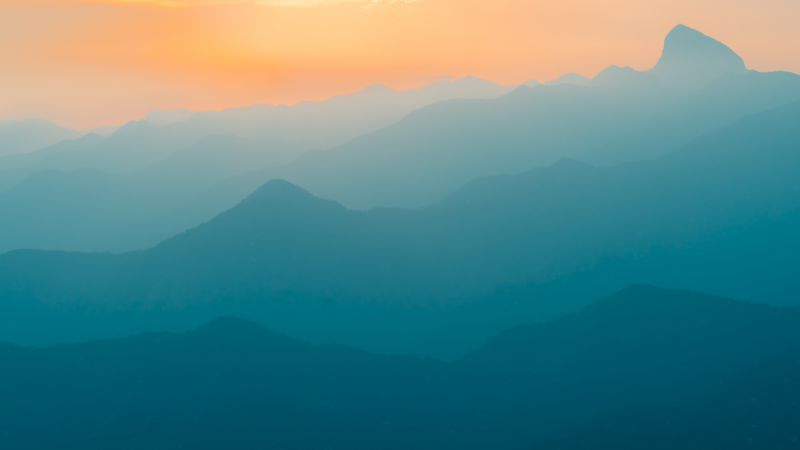 Mountains, Foggy, Mist, Sunrise, Turquoise, Yellow sky, Gradient, Landscape, Scenery, Mountain range, Brazil, 5K, Wallpaper