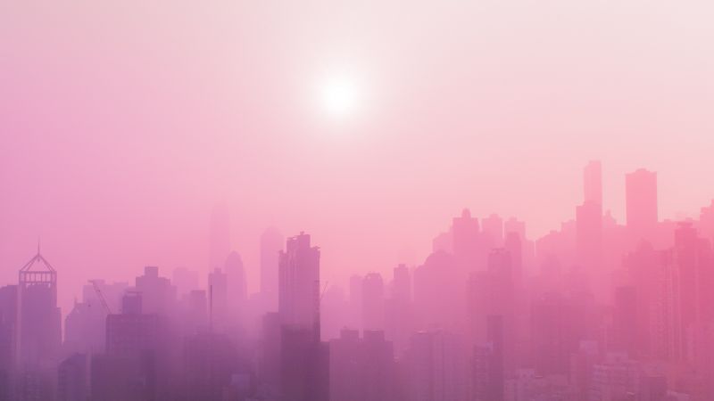 Cityscape, Urban, Pink, Foggy, Sunrise, Skyscrapers, 5K, Wallpaper