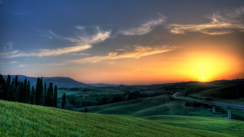 Tuscany, Sunset, Landscape, Italy, HDR, 5K, Wallpaper