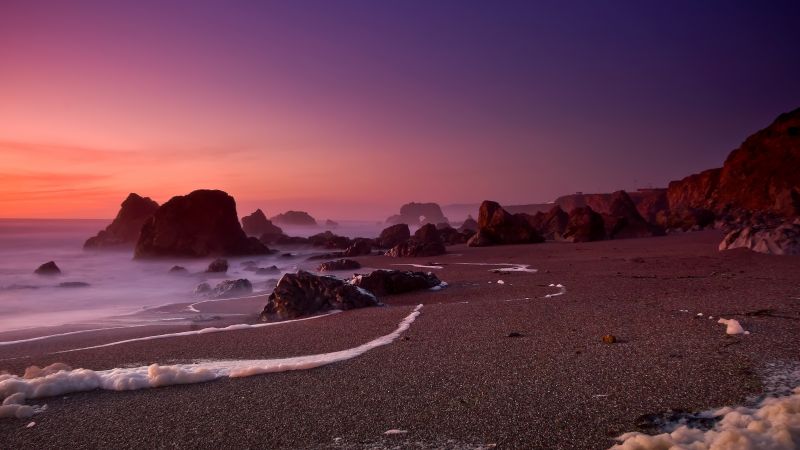 Rocky shore, Sunset, Bodega Bay, California, Seascape, 5K, Wallpaper