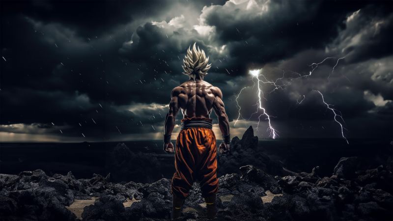 Super Saiyan, Goku, Dragon Ball, Cinematic, Thunderstorm, 5K, Lightning Strike, Wallpaper