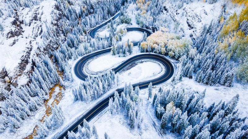 Red Mountain Pass, Winter, Colorado, Snow covered, Road trip, Drone photo, 5K, Wallpaper
