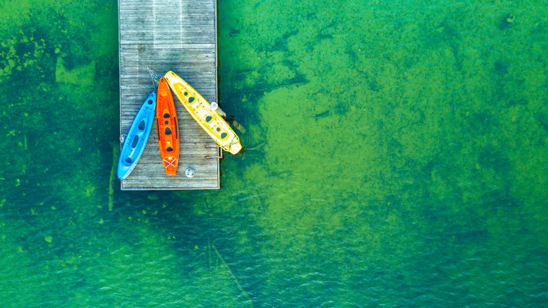 Wooden pier, Aerial view, Kayak boats, Lake, Drone photo, Wallpaper