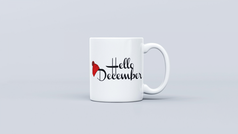 Hello December, Coffee Mugs, White background, Navidad, Noel, Wallpaper