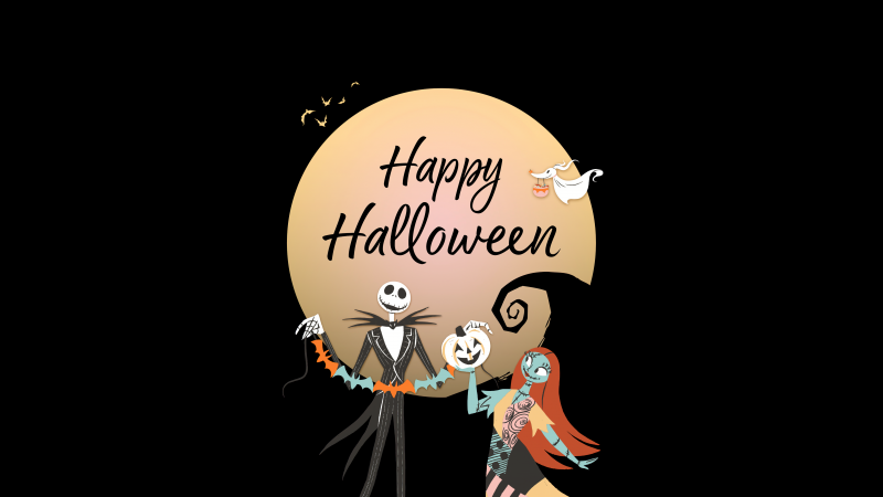 Happy Halloween, The Nightmare Before Christmas, 5K, AMOLED, Black background, Jack Skellington, Sally, Wallpaper