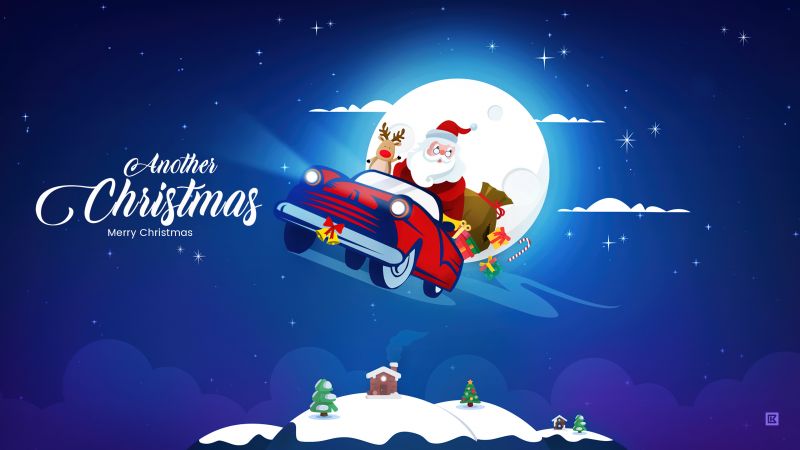 Merry Christmas, Santa, Blue Sky, Surreal, Full moon, Blue aesthetic, Navidad, Noel, Wallpaper