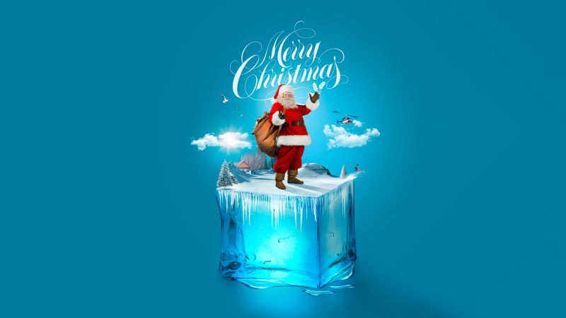 Santa Claus, Ice cube, 5K, Surreal, Aesthetic Cyan, Cyan background, Navidad, Noel, Wallpaper