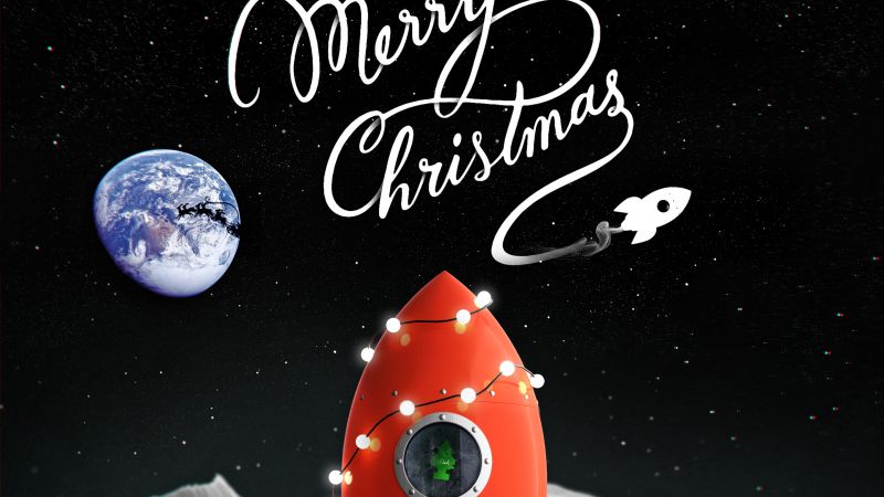 Merry Christmas, Rocket, Moon, Earth, Surreal, Navidad, Noel, Wallpaper