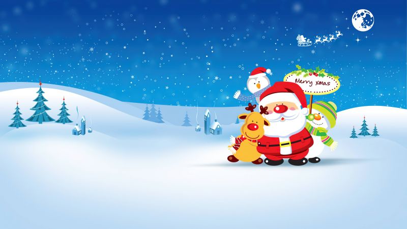 Merry Xmas, Santa Claus, Illustration, Snowman, Winter snow, Blue Sky, Reindeer Chariot, Aesthetic, Navidad, Noel, Wallpaper