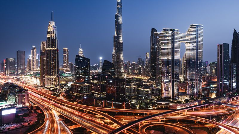 Downtown Dubai, Night lights, Burj Khalifa, Skyscrapers, Cityscape, City lights, Sheikh Zayed Road, Intersection, Wallpaper